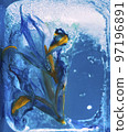 Background of iris flower in ice cube with air bubbles. Consept for spring card 97196891