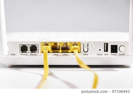 Modern white wi-fi router. Connection concept Modern white wi-fi router. Connection concept 97196943