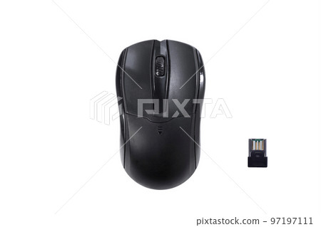 A black wireless mouse isolated on white. Top view 97197111