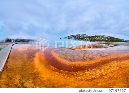 Yellowstone iconic Grand Prismatic Spring from boardwalk in spring 97197317
