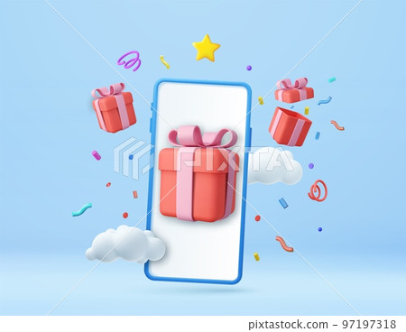 3d Phone, box, app, fortune. Gift-opening, sharing gifts online, greeting cards, guest invitation, unpacking present. 97197318