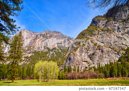 Yosemite Valley with cliffs and peaceful valley floor 97197347