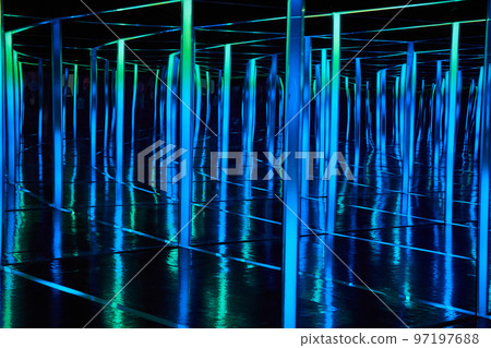 Endless mirror hallways in blue and green Endless mirror hallways in blue and green 97197688