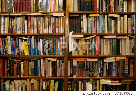 Wall of bookshelves in bookstore full of books 97198002