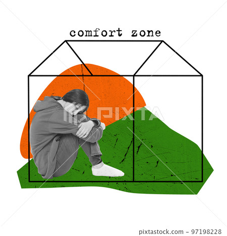 Contemporary art collage. Conceptual design. Lonely young girl sitting on floor in depression and sadness. Mental breakdown and stress 97198228