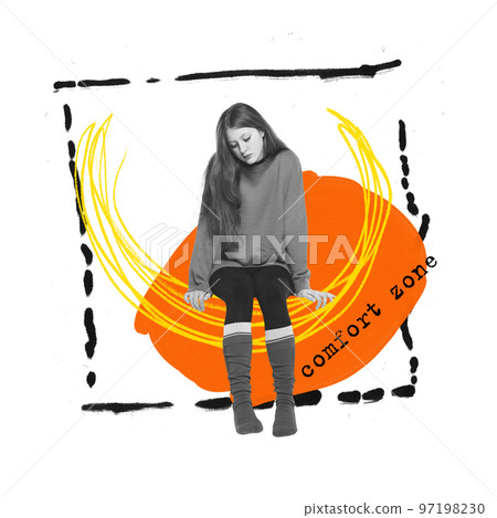 Contemporary art collage. Conceptual design. Young girl feeling lonely and depressed. Introvert problems. Asocial lifestyle 97198230