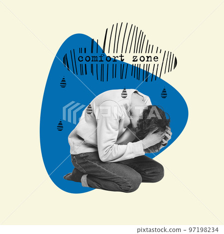 Contemporary art collage. Conceptual design. Young boy suffering from emotional stress, depression and breakdown. Burned out. Concept of psychology 97198234