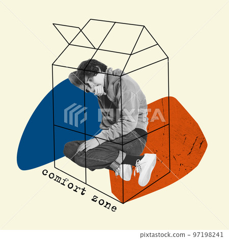 Contemporary art collage. Conceptual design. Open cage. Young man afraid to move out comfort surroundings. Despair and fears. Concept of psychology Contemporary art collage. Conceptual design. Open cage. Young man afraid to move out comfort surroundings. Despair and fears. Concept of psychology 97198241