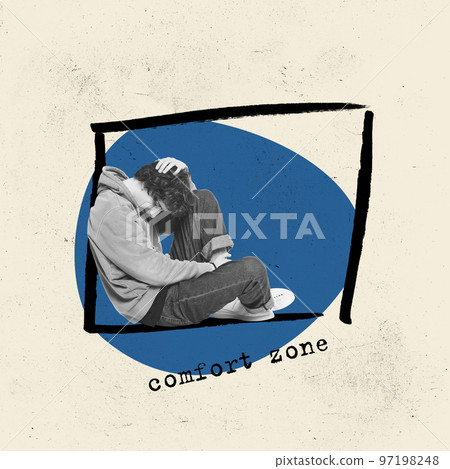 Contemporary art collage. Conceptual design. Young man suffering from psychological instability, breakdown and sitting in depression. Concept of psychology 97198248