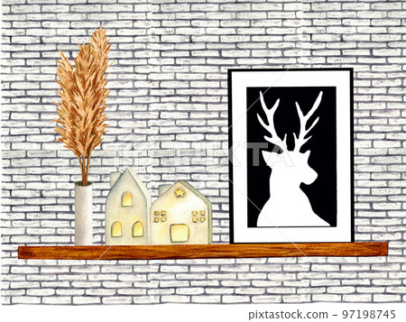 Wooden shelf with decorative elements. Watercolor illustration interior of living room with sofa, pillows, decor. Clipart. Home decor elements on a white background. Wooden shelf with decorative elements. Watercolor illustration interior of living room with sofa, pillows, decor. Clipart. Home decor elements on a white background. 97198745