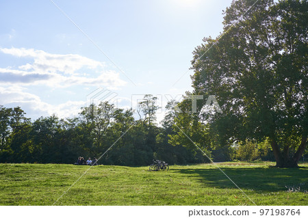Sunny day in park. Landscape of green grass and two bicycles standing near tree, sunbeams lighting up the scene Sunny day in park. Landscape of green grass and two bicycles standing near tree, sunbeams lighting up the scene 97198764