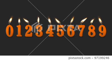Vector 3d Realistic Paraffin or Wax Burning Orange Birthday Party Candles, Numbers and Different Flame of a Candle Icon Set Isolated. Design Template, Clipart, Birthday Concept. Front View Vector 3d Realistic Paraffin or Wax Burning Orange Birthday Party Candles, Numbers and Different Flame of a Candle Icon Set Isolated. Design Template, Clipart, Birthday Concept. Front View 97199246