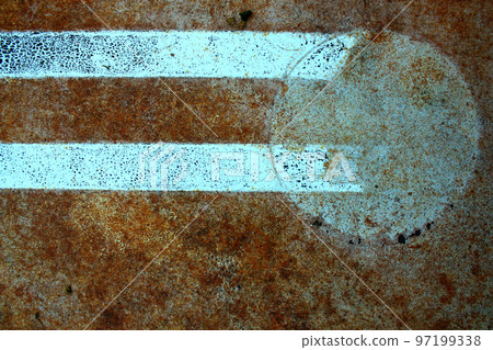 Abstract white lines lead to a whitish circle on a pockmarked orange rust background Abstract white lines lead to a whitish circle on a pockmarked orange rust background 97199338