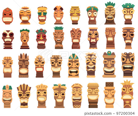 Totem icons set cartoon vector. Stone altar. Aztec idol Totem icons set cartoon vector. Stone altar. Aztec idol 97200304