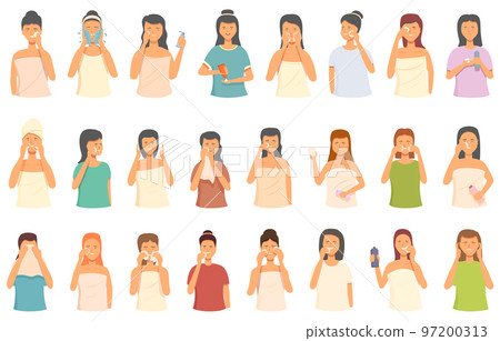 Make-up removal icons set cartoon vector. Face beauty. Mask woman 97200313