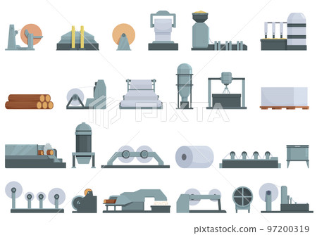 Equipment for paper production icons set cartoon vector. Roll factory. Roller process 97200319