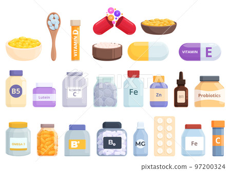 Dietary supplements icons set cartoon vector. Bottle vitamin. Capsule label Dietary supplements icons set cartoon vector. Bottle vitamin. Capsule label 97200324