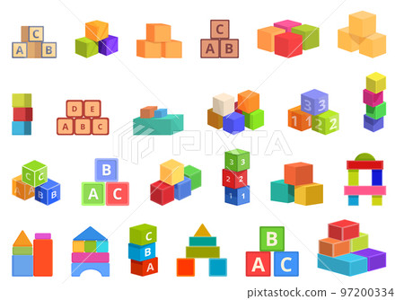 Children building blocks icons set cartoon vector. Wooden toy. Kid block 97200334