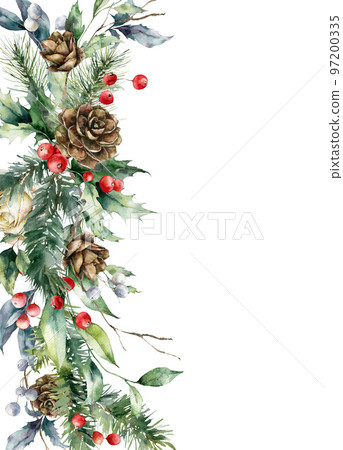 Watercolor Christmas vertical border of pine cones, rose, berries and leaves. Hand painted holiday card of flowers and plants isolated on white background. Illustration for design, print, background. Watercolor Christmas vertical border of pine cones, rose, berries and leaves. Hand painted holiday card of flowers and plants isolated on white background. Illustration for design, print, background. 97200335