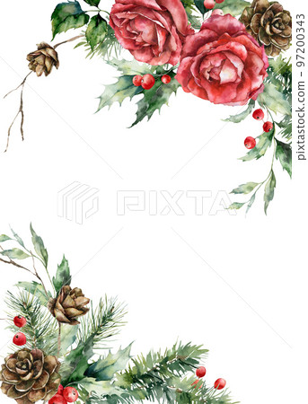 Watercolor Christmas vertical border of rose, buds, berries and leaves. Hand painted holiday card of flowers and plants isolated on white background. Illustration for design, print or background. 97200343