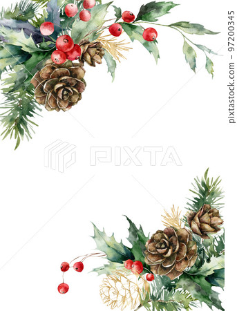 Watercolor Christmas vertical border of berries, gold pine cone and leaves. Hand painted holiday card of plants isolated on white background. Illustration for design, print, fabric or background. 97200345