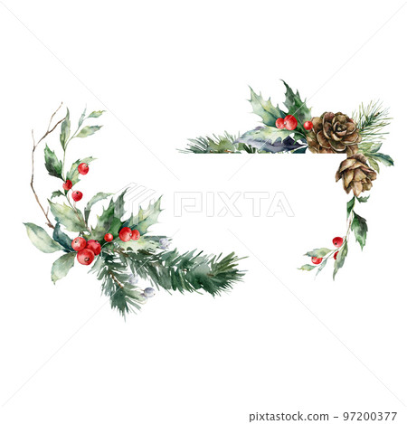 Watercolor Christmas horizontal frame of red berries, pine cone, dry branch and leaves. Hand painted holiday card of plants isolated on white background. Illustration for design, print or background. 97200377