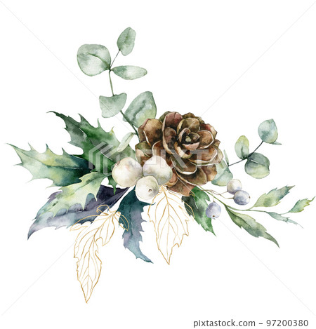 Watercolor Christmas bouquet of pine cone, eucalyptus branch, berries and leaves. Hand painted holiday card of plants isolated on white background. Illustration for design, print, background. Watercolor Christmas bouquet of pine cone, eucalyptus branch, berries and leaves. Hand painted holiday card of plants isolated on white background. Illustration for design, print, background. 97200380