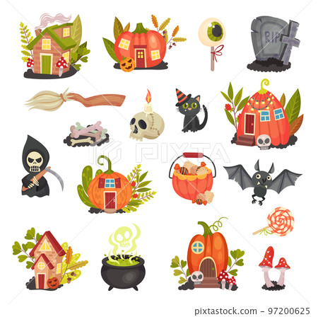 Halloween Symbols and Attributes with Pumpkin House, Bat, Black Cat, Skull and Death Big Vector Set Halloween Symbols and Attributes with Pumpkin House, Bat, Black Cat, Skull and Death Big Vector Set 97200625