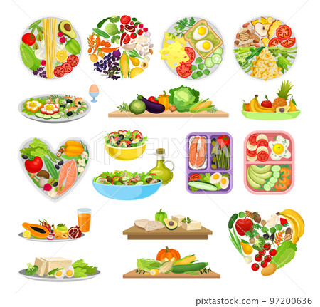 Healthy Food Abundance on Plate and Wooden Board Big Vector Set Healthy Food Abundance on Plate and Wooden Board Big Vector Set 97200636