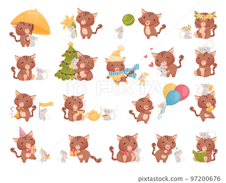 Cute Friendly Cat and Mouse Engaged in Different Activity Together Big Vector Set Cute Friendly Cat and Mouse Engaged in Different Activity Together Big Vector Set 97200676