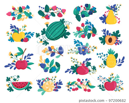 Bright Fruit and Berries Composition with Branches and Flower Blossoming Big Vector Set 97200682