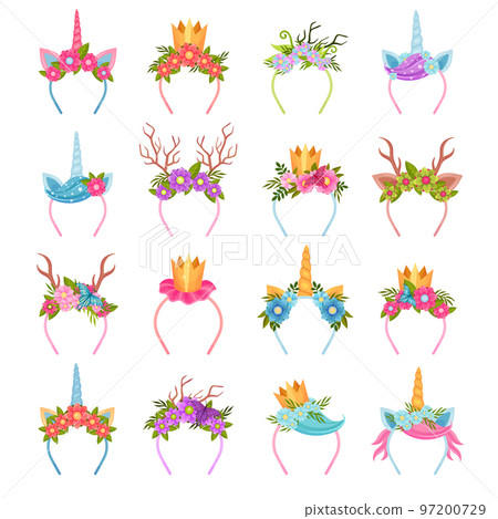 Hair Band and Headband with Decorative Flower, Horn and Crown Big Vector Set Hair Band and Headband with Decorative Flower, Horn and Crown Big Vector Set 97200729