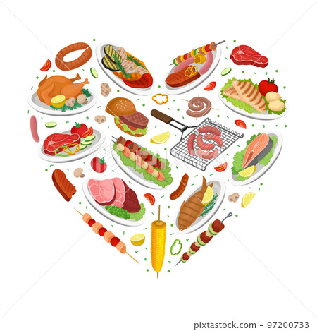 Grilled Food Heart Shaped Composition Design with Delicious Dish Served on Plate Vector Template 97200733