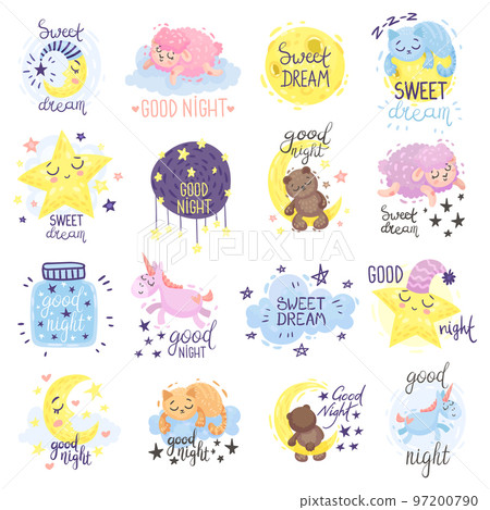 Cute Good Night and Sweet Dreams Childish Inscription Big Vector Set 97200790