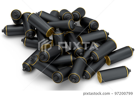 Lots of flying spray paint cans on white background. Spray bottle and dispenser Lots of flying spray paint cans on white background. Spray bottle and dispenser 97200799