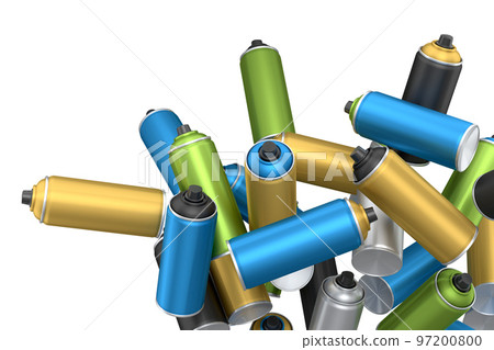 Lots of flying spray paint cans on white background. Spray bottle and dispenser Lots of flying spray paint cans on white background. Spray bottle and dispenser 97200800