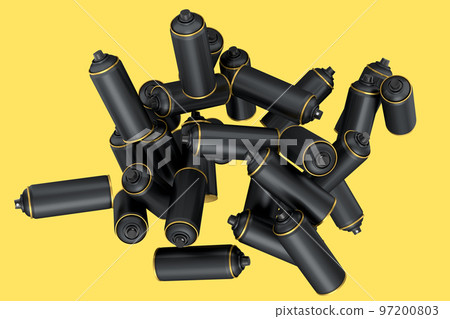 Lots of flying spray paint cans on yellow background. Spray bottle and dispenser Lots of flying spray paint cans on yellow background. Spray bottle and dispenser 97200803