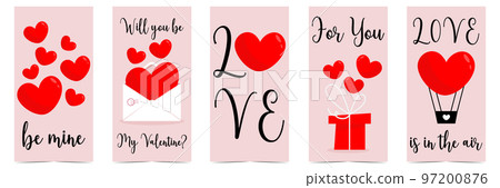 Saint Valentine's Day greeting postcards with red balloon hearts, gift box and romantic love text. Set of vector illustrations for celebration of the Feast of Saint Valentine on February 14. 97200876