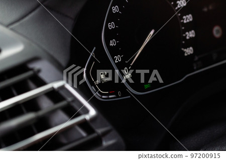 Fuel gauge close up. Car fuel dashboard details. Fuel gauge close up. Car fuel dashboard details. 97200915