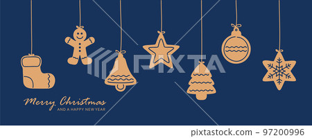 christmas card with hanging gingerbread cookies decoration on blue background 97200996
