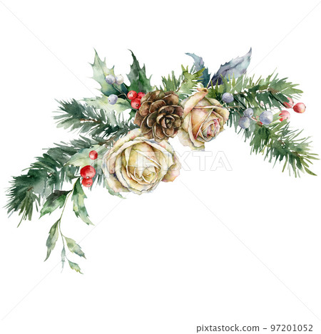 Watercolor Christmas bouquet of white rose, fir branches, holly and leaves. Hand painted holiday card of flowers and plants isolated on white background. Illustration for design, print or background. 97201052