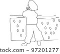A sketch of a woman drinking a drink on the veranda in her loungewear 97201277