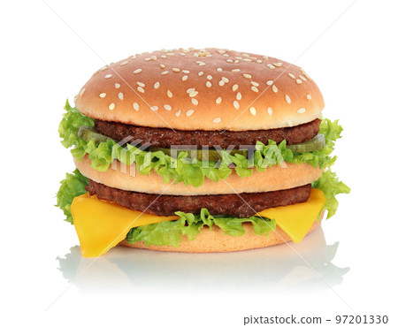 Big hamburger with two beef cutlets on white background 97201330