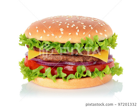Big hamburger with two beef cutlets on white background Big hamburger with two beef cutlets on white background 97201332