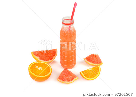 Orange and grapefruit slices, citrus juice in a bottle isolated on white background. Orange and grapefruit slices, citrus juice in a bottle isolated on white background. 97201507