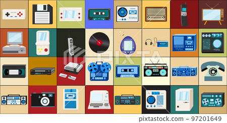 Set of icons old retro vintage hipster tech electronics: cassette audio tape recorder, computer, game consoles for video games from the 70s, 80s, 90s. Vector illustration 97201649