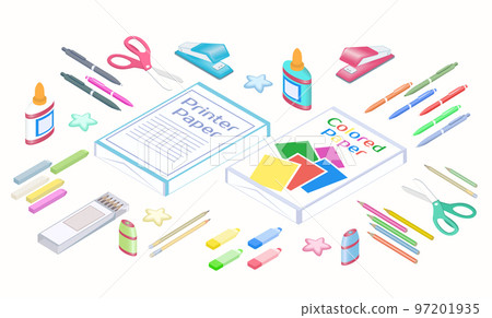 Office supplies in 3D isometric style. Writing materials and other stationery set. Office supplies in 3D isometric style. Writing materials and other stationery set. 97201935