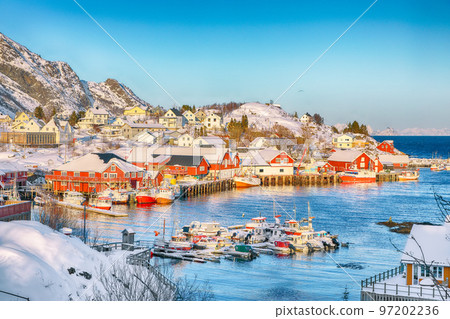 Splendid morning seascape of Norwegian sea and cityscape of Sorvagen town. 97202236