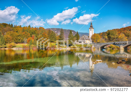 Astonishing  view  of  Church of St. John the Baptist on Bohinj Lake . 97202277