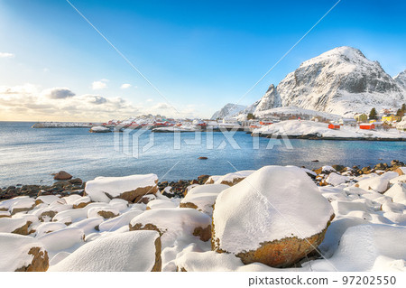 Fabulous winter scenery of A village. Norwegian fishing village, with the typical rorbu houses . 97202550